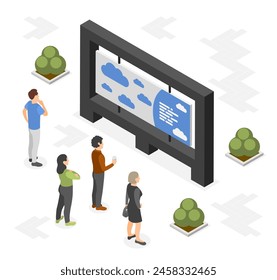 Isometric street ad billboard. Outdoor urban advertising and modern people. Marketing and promotion service, company display flawless vector scene