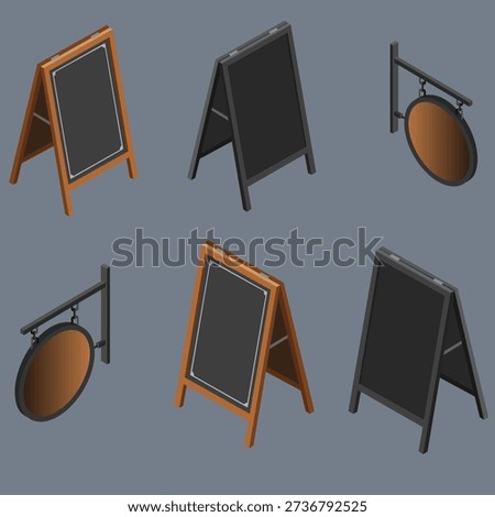 Isometric Street Advertisement Signboards Set, Blank Chalkboard Sandwich Boards and Round Hanging Signage for Cafe or Shop