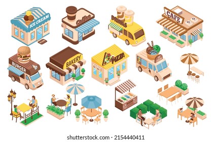 Isometric street cafe and coffee retail icons set isolated vector illustration