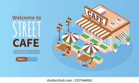 Isometric street cafe with food and coffee horizontal banner vector illustration