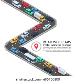 Isometric street with cars. 3d highway and vehicles vector concept. Highway street with vehicle car transportation illustration