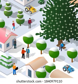 Isometric Street Christmas new year 3D illustration of the city quarter with houses, streets, people, cars. Stock illustration for the design and gaming industry.