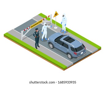 Isometric street of city under quarantine. Coronavirus - staying and working at home. Closed borders policeman blocking road Pandemic prevention.