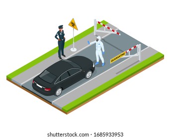 Isometric street of city under quarantine. Coronavirus - staying and working at home. Closed borders policeman blocking road Pandemic prevention.