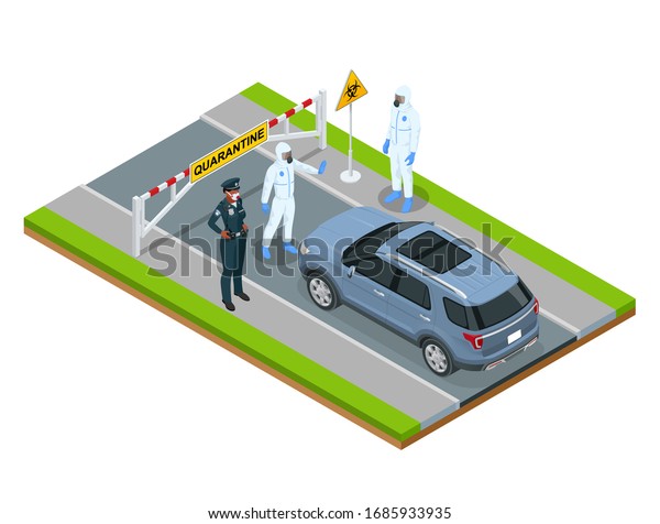 Isometric street of city under quarantine.\
Coronavirus - staying and working at home. Closed borders policeman\
blocking road Pandemic\
prevention.