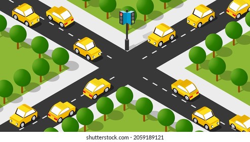 Isometric Street crossroads 3D illustration of the city quarter with taxi cars. Stock illustration for the design and gaming industry.