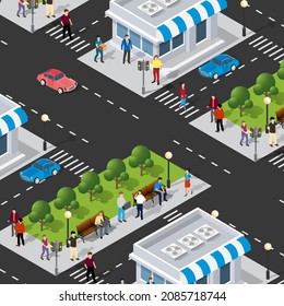 Isometric Street crossroads 3D illustration of the city quarter with streets, people, cars. Stock illustration for the design and gaming industry.