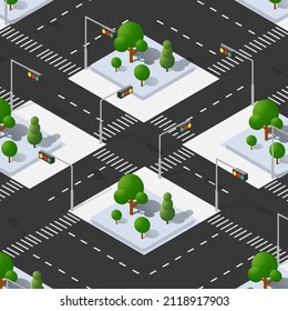 Isometric Street crossroads 3D illustration of the city quarter with streets. Stock illustration for the design and gaming industry.