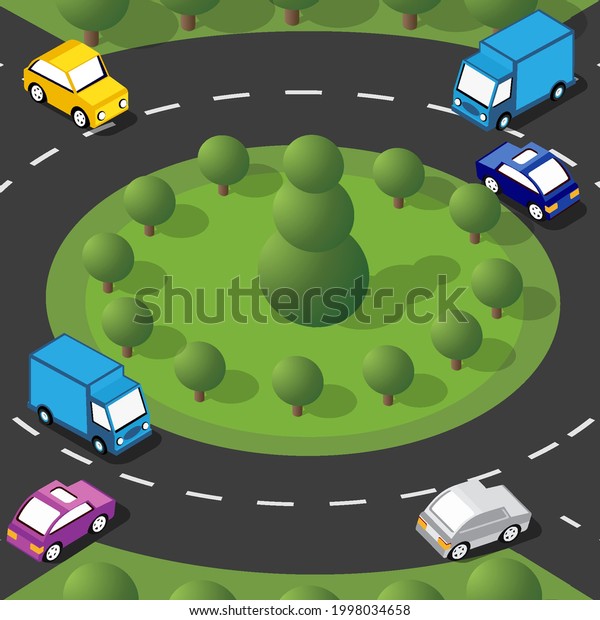 Isometric Street crossroads truck 3D\
illustration of the city quarter with streets\
cars.