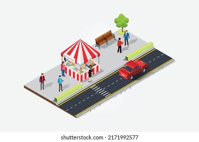 Isometric Street Food Cafe Tent With Busy Shoppers On The Sidewalk. Suitable For Diagrams, Infographics, And Other Graphic Asset