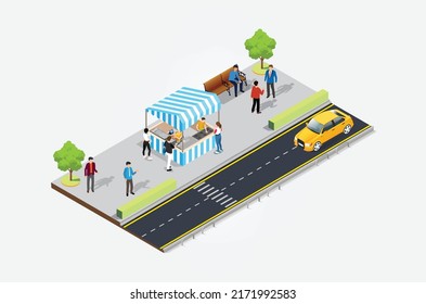 Isometric Street Food Cafe Tent With Busy Shoppers On The Sidewalk. Suitable For Diagrams, Infographics, And Other Graphic Asset