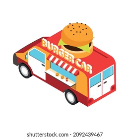Isometric street food composition with isolated image of burger selling van vector illustration