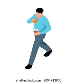 Isometric street food composition with isolated character of walking man with burger and coffee cup vector illustration