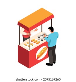 Isometric street food composition with isolated view of stall selling fastfood with people vector illustration