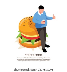 Isometric street food fatman background with text and composition of burger image and fat male character vector illustration