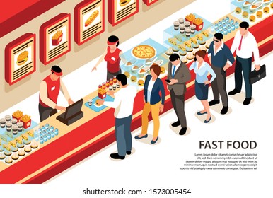 Isometric Street Food Horizontal Background With Human Characters Standing In Queue At Fast Food Cafe Counter Vector Illustration