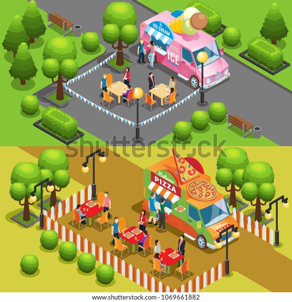 Isometric\
street food horizontal banners with people buying snacks at ice\
cream and pizza trucks vector\
illustration