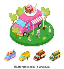 Isometric Street Food Ice Cream Truck with People. Vector flat 3d illustration
