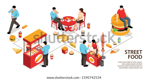 Isometric street food infographics with\
editable text and isolated food stalls counters with food and\
people vector\
illustration