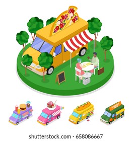 Isometric Street Food Pizza Truck with People. Vector flat 3d illustration