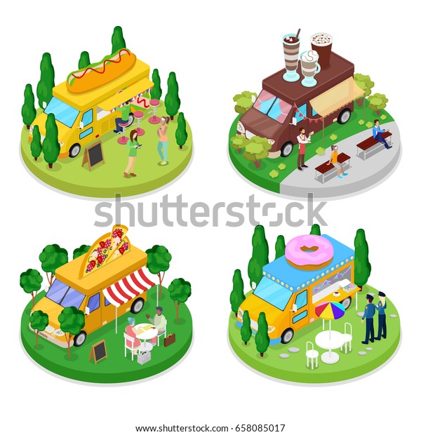 Isometric Street Food Truck Set with\
Donuts, Pizza and Hot Dog. Vector flat 3d\
illustration