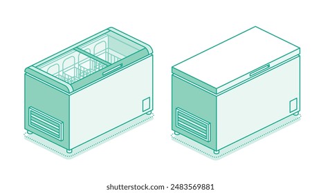 Isometric street freezer. Set of freezers isolated on white background. Outline style. Vector illustration.