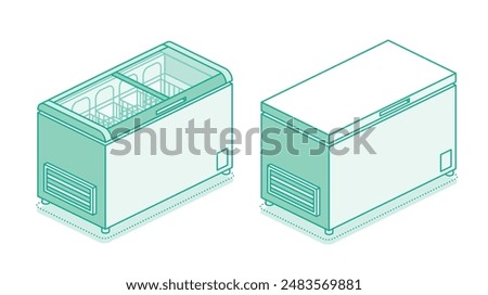 Isometric street freezer. Set of freezers isolated on white background. Outline style. Vector illustration.