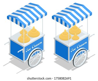 Isometric Street Ice Cream Cart with Awning. Ice Cream Cart Sweet Frozen Food Kiosk. Ice Cream Cool Cart Summer Shop
