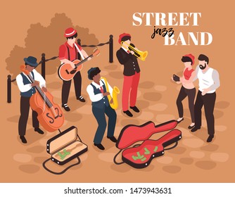 Isometric street musician background composition with human characters of jazz band members with listeners and text vector illustration