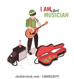 Isometric street musician background with text and male doodle character of street performer with acoustic guitar vector illustration