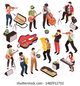 Isometric street musician set of isolated doodle human characters playing various music instruments on blank background vector illustration