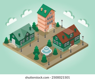 isometric street with old fashioned houses