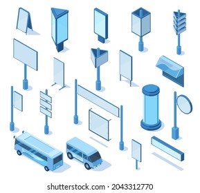 Isometric street outdoor media advertising 3d blank billboards. Empty street billboards, signage, advertising column vector illustration set. Outdoor advertising elements isometric billboard outdoor