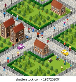 Isometric street people crossroads 3D illustration of a city block with houses, shop, streets, people, cars.