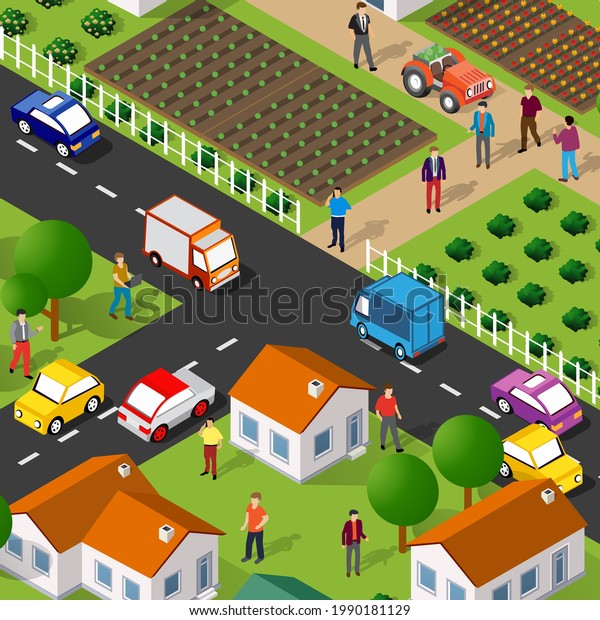 Isometric street\
people crossroads 3D illustration of a city block with houses,\
shop, streets, people,\
cars