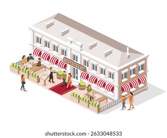 Restaurante de rua isométrico com terraço ao ar livre, pessoas que jantam e caminham, garçom, carrinho de menu, tapete vermelho, toldos listrados, detalhes do telhado, vegetação em plantadores. Cena de hospitalidade urbana.