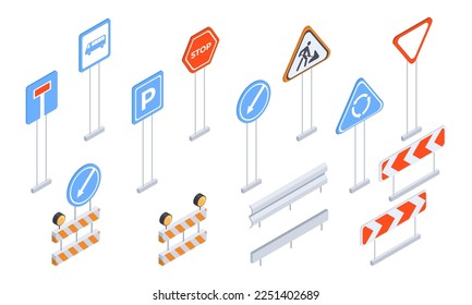 Isometric street road signs. City road signs and traffic signposts, urban city stop, parking and dead end signs 3d vector illustration set svg