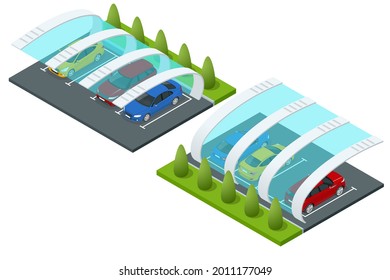 Isometric street roof of outdoor parking lot. Outdoor of parking garage with car and vacant parking lot in parking building