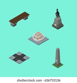 Isometric Street Set Of Bench, Intersection, Dc Memorial And Other Vector Objects. Also Includes Washington, Bench, Monument Elements.