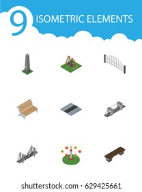 Isometric Street Set Of Bridge, Seesaw, Barricade And Other Vector Objects. Also Includes Path, Barricade, Bridge Elements.
