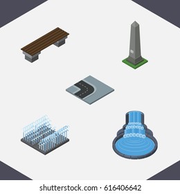 Isometric Street Set Of Dc Memorial, Turning Road And Other Vector Objects. Also Includes Park, Bench, Turn Elements.
