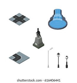 Isometric Street Set Of Garden Decor, Sculpture, Street Lanterns And Other Vector Objects. Also Includes Intersection, Park, Road Elements.