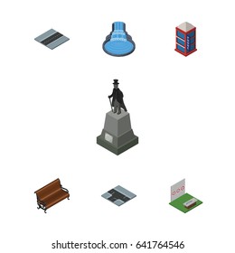 Isometric Street Set Of Path, Sculpture, Sitting And Other Vector Objects. Also Includes Statue, Game, Waterfall Elements.