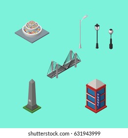 Isometric Street Set Of Phone Box, Street Lanterns, Bridge And Other Vector Objects. Also Includes Monument, Plants, Booth Elements.