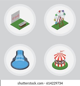 Isometric Street Set Of Recreation, Carousel, Garden Decor And Other Vector Objects. Also Includes Horses, Attraction, Wheel Elements.