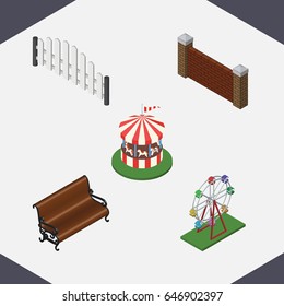 Isometric Street Set Of Sitting, Carousel, Recreation And Other Vector Objects. Also Includes Wall, Wooden, Barricade Elements.