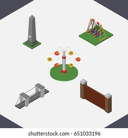 Isometric Street Set Of Swing Attraction, Highway, Barrier And Other Vector Objects. Also Includes Brick, Monument, Carousel Elements.