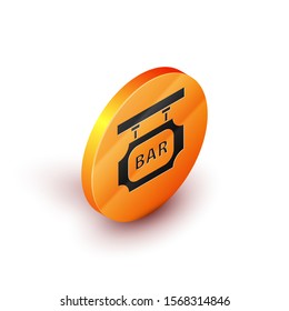 Isometric Street signboard with inscription Bar icon isolated on white background. Suitable for advertisements bar, cafe, pub, restaurant. Orange circle button. Vector Illustration
