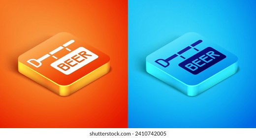 Isometric Street signboard with inscription Beer icon isolated on orange and blue background. Suitable for advertisements bar, cafe, pub, restaurant.  Vector