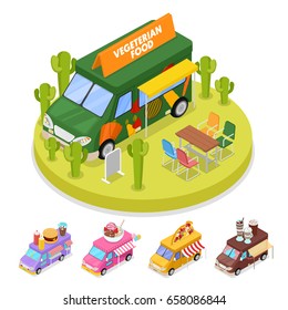 Isometric Street Vegeterian Food Truck with People. Vector flat 3d illustration